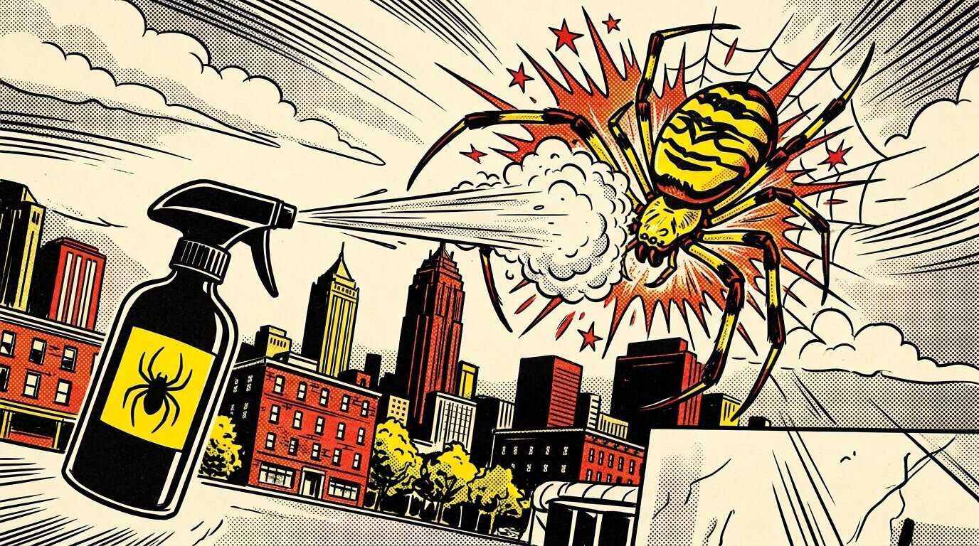 Comic panel of a JoroSpray bottle blasting a giant Joro spider over the Atlanta skyline