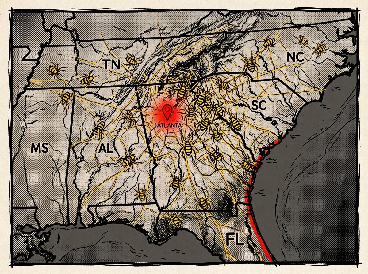 Comic map of Joro spiders spreading across Georgia, the Carolinas, Tennessee and Alabama