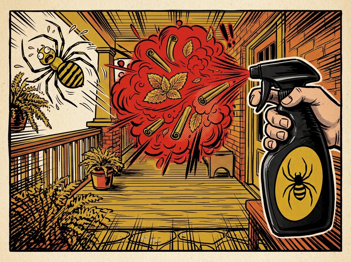 Comic panel of a hand spraying JoroSpray at a fleeing Joro spider